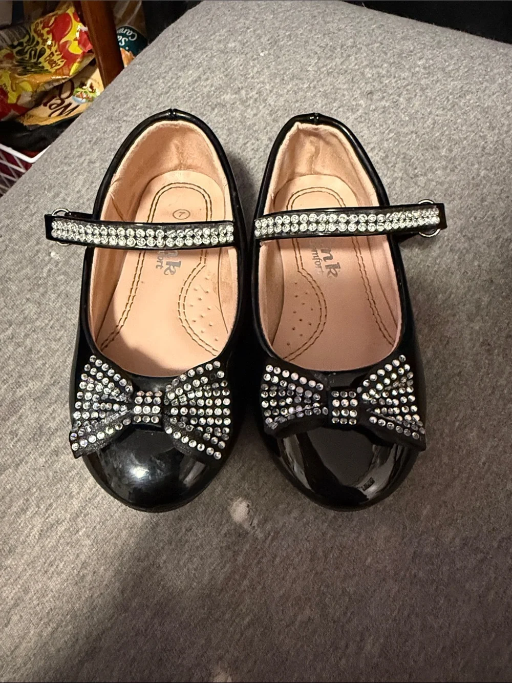 Girls Black Patent Mary Jane Shoes with Crystal Bow Accent
